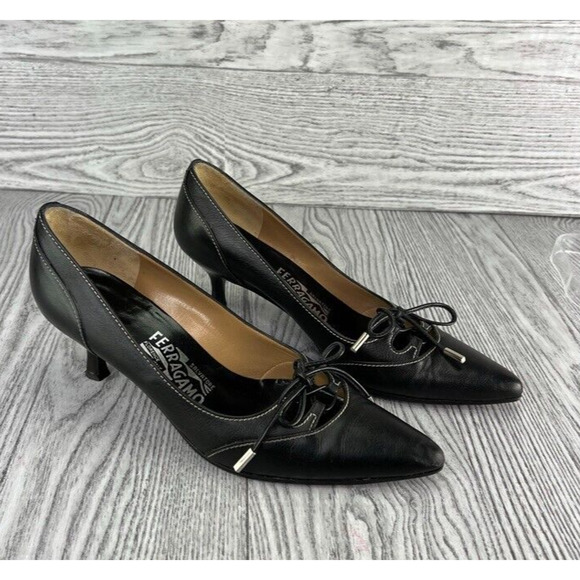 Salvatore Ferragamo Shoes - Salvatore Ferragamo Black Leather Kitten Heels Size 8.5